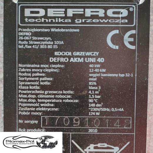 Kocioł Defro 40 kW — pellet / ekogroszek, tabliczka znamionowa