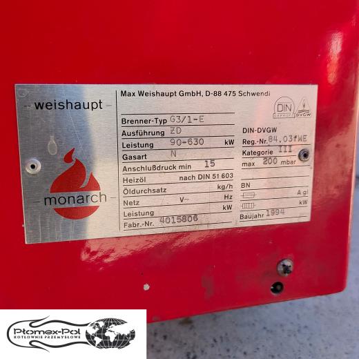 Palnik Gazowy Weishaupt G3/1-E ver. ZD (90-630 kW) tabliczka znamionowa