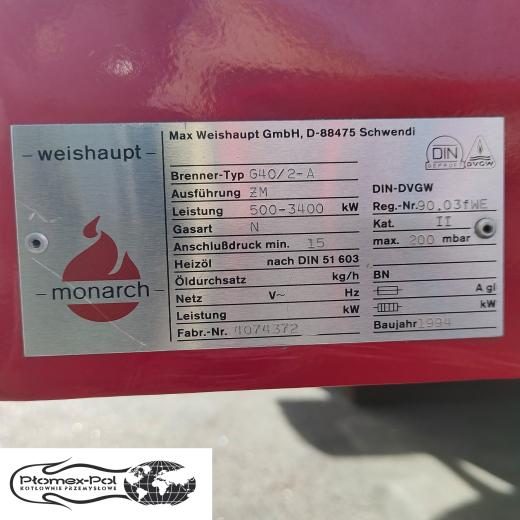 Używany Palnik Gazowy Weishaupt G40/2-A ZM 500-3400kW - tabliczka znamionowa